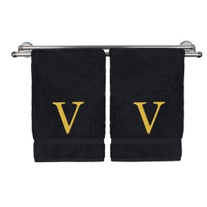 BC BARE COTTON Monogrammed Hand Towel, 100% Turkish Cotton - Set of 2 - Black - Gold Block - 1 of 4