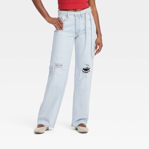 Women's Mid-Rise Tie-Waist Drawstring Baggy Jeans - Universal Thread™ - 1 of 4