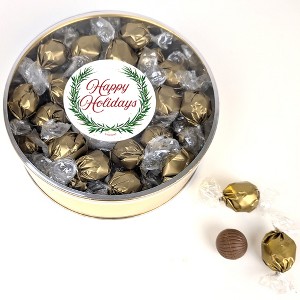Happy Holidays Wreath Gift Tin Filled With Milk Chocolate Dubai Truffle Candies For Christmas Gifting, Holiday Party Giveaways & More - 1 of 4
