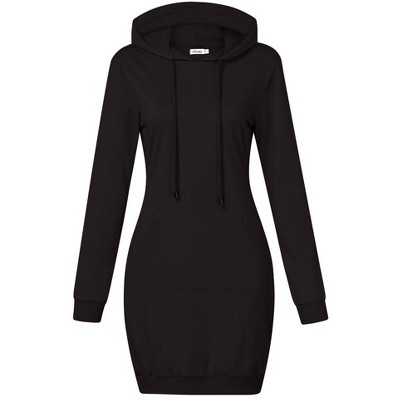 Women Long Sleeve Pocket Solid Color Pullover Hooded Tunic Dress