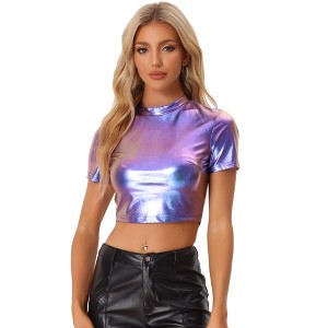 INSPIRE CHIC Women's Party Short Sleeve Mock Neck Holographic Metallic Crop Top - 1 of 4