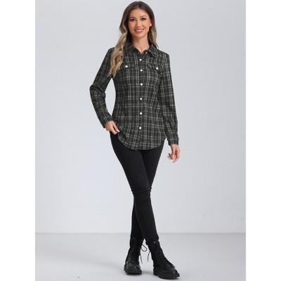 Allegra K Women's Button Down Plaid Faux Pockets Tweed Shackets Jackets Medium Black — фото 4