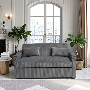 Futon Corduroy Sofa Bed with Adjustable Backrest, Pull-Out Bed, Storage Pocket, and 3-in-1 Convertible Design - 1 of 4