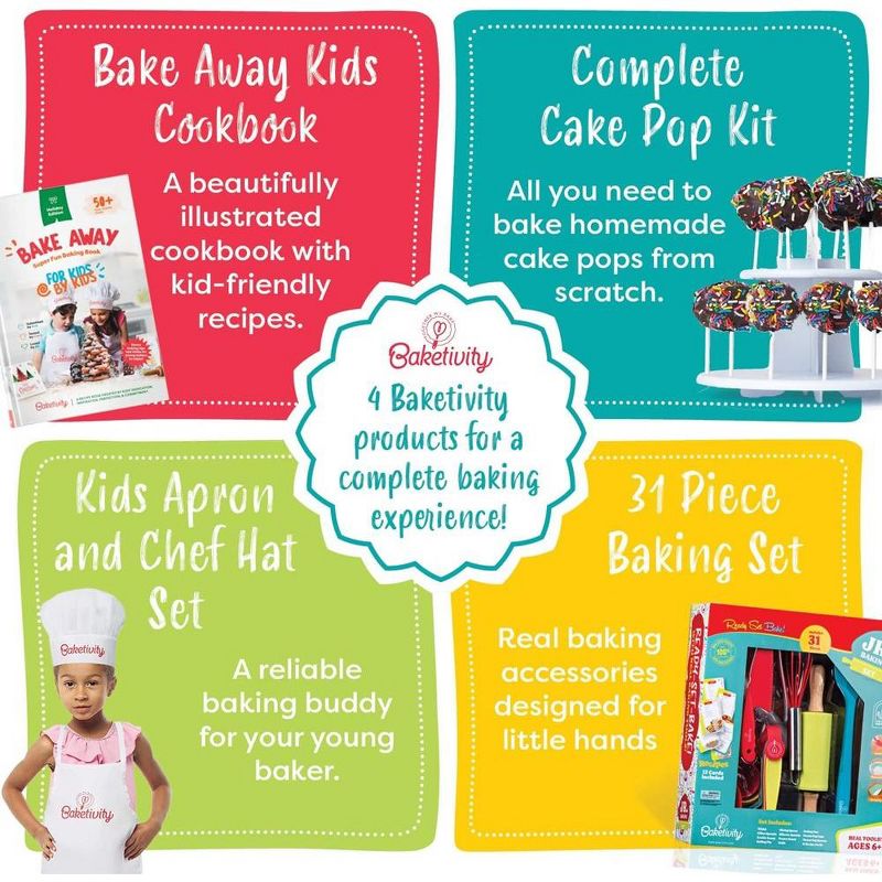 Baketivity 4 in 1 Kids Baking Mega Kit - Cake Pop Kit with Stand - Kids Apron and Chef Hat Set - Bake Away Kids Cookbook - Kids Cooking Real Utensils, 2 of 8