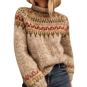 Women's Mock Neck Fair Isle Knit Sweater - Chunky Knit Pullover with Geometric Pattern - 1 of 2