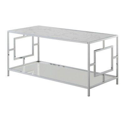 Town Square Chrome Coffee Table with Shelf White Faux Marble/Chrome Frame - Breighton Home