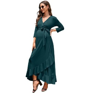WhizMax Women's Maternity Dress V neck 3/4 Sleeve Ruffle Long Dress High Waist A Line Maxi Dress with Belt - 1 of 4