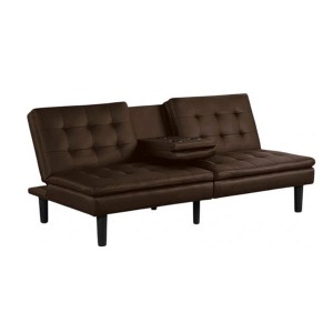 Royal Hampton Futon Sofa Bed, Drop-Down Tray and Cupholder, Brown Faux Leather - 1 of 4