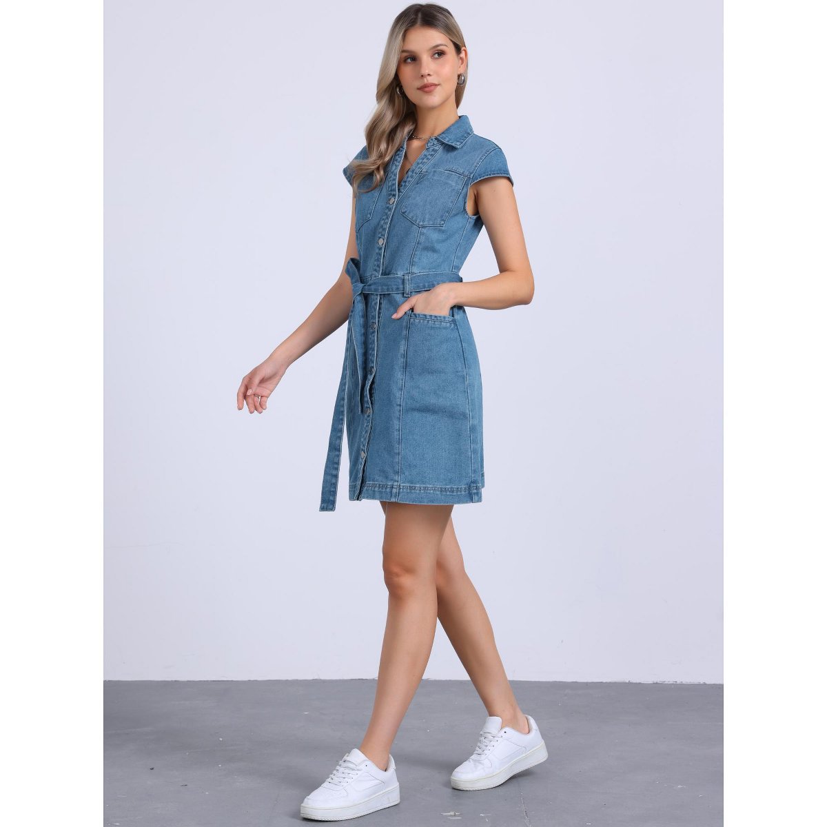 Женские платья INSPIRE CHIC Women's V-neck Cap Sleeve Belted Dress Light Blue Medium — фото 3