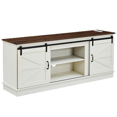 Angel Sar Farmhouse TV Stand with Charging Station for 70 Inch TV, Media Console with Sliding Barn Doors with Glass