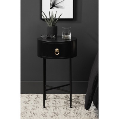 Black and Gold Round Wood Side Table with Storage