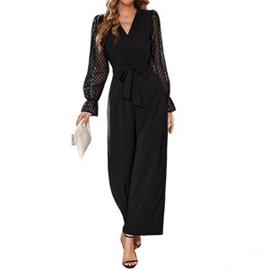 Women's V Neck Lace Sleeve Jumpsuit Dressy Belted Waist Wide Leg Formal Casual Romper - 1 of 4