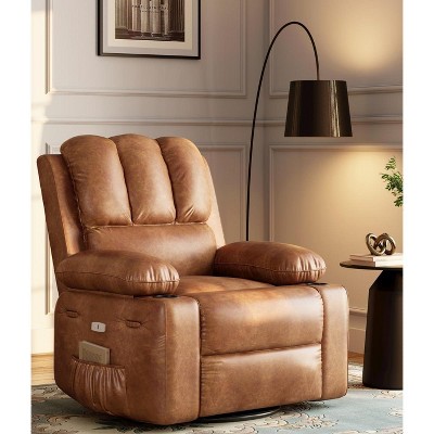 Recliner Chair, with Massage & Heat, 60° Swivel Faux Leather Rocking Chair, 1.5X Sponge Filling, with Cup Holder, or Living Room, Bedroom & Nursery