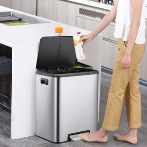 8 Gallons/30 L Dual Compartment Trash Can, Stainless Steel Garbage Can with Soft-Close Lid and Two Removable Inner Bucket - 1 of 4