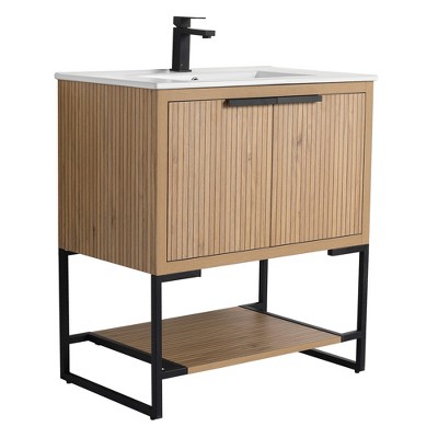 Kingsford Grooved-Look Bathroom Vanity in Bright Oak with White Ceramic Sink