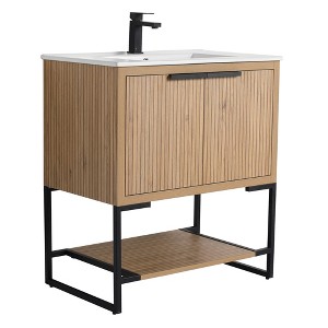 Kingsford Grooved-Look Bathroom Vanity in Bright Oak with White Ceramic Sink - 1 of 4