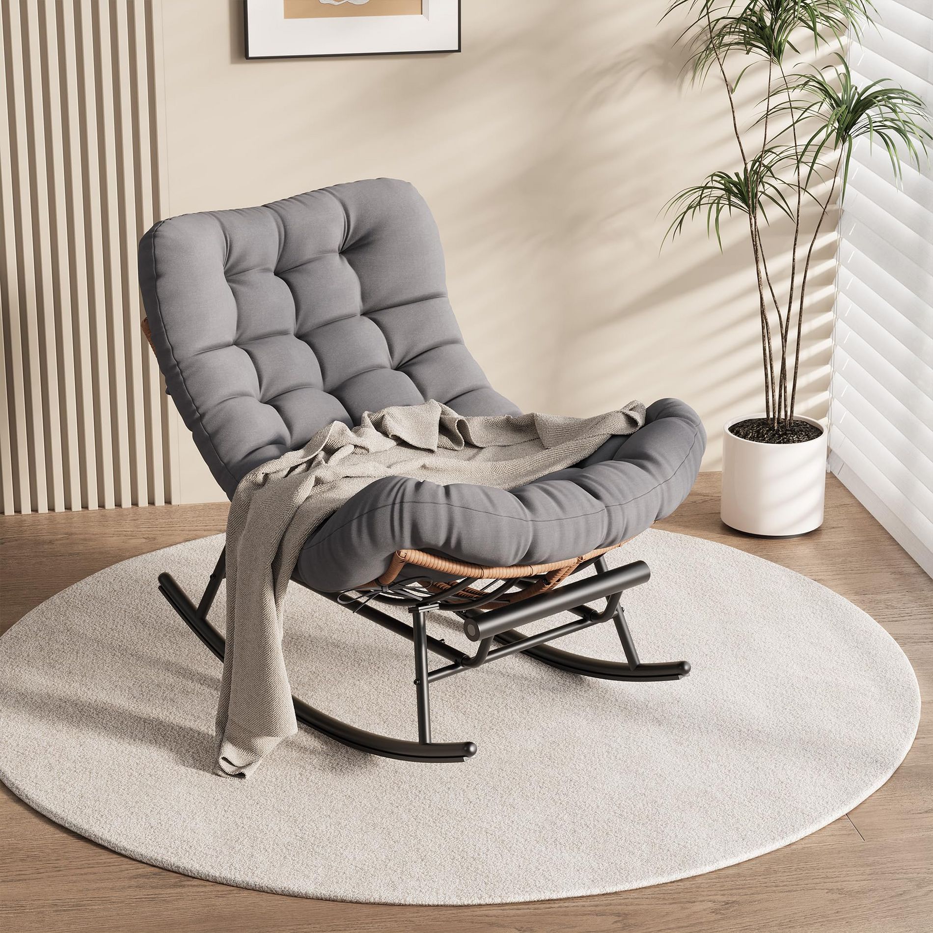 Papasan Rocking Chair with Thick Cushion & Footrest – Oversized Patio Rocker, All-Weather Wicker Lounge Chair for Garden, Porch, Living Room - Grey