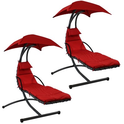 Sunnydaze Outdoor Hanging Chaise Floating Lounge Chair with Canopy Umbrella and Stand, Red, 2pk