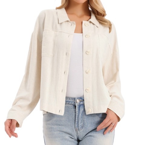 INSPIRE CHIC Women's Button Down Long Sleeve Lapel Casual Jackets with Pockets Large Beige