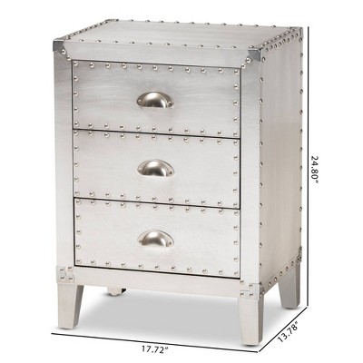 Claude Riveted Silver Metal 3-Drawer Nightstand