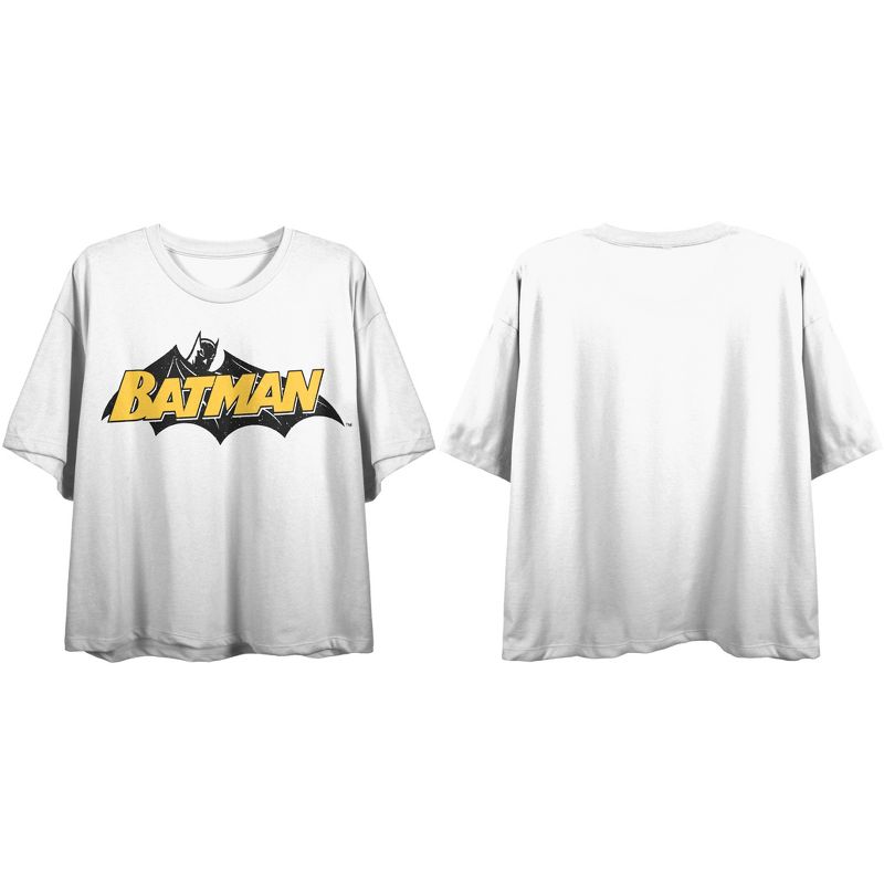 Batman Retro Bat Logo Ladies' White Boyfriend Crop Tee, 1 of 2