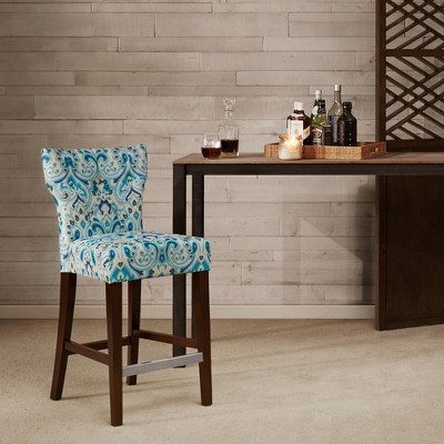 25" Blue Tufted Back Counter Stool with Espresso Birch Legs