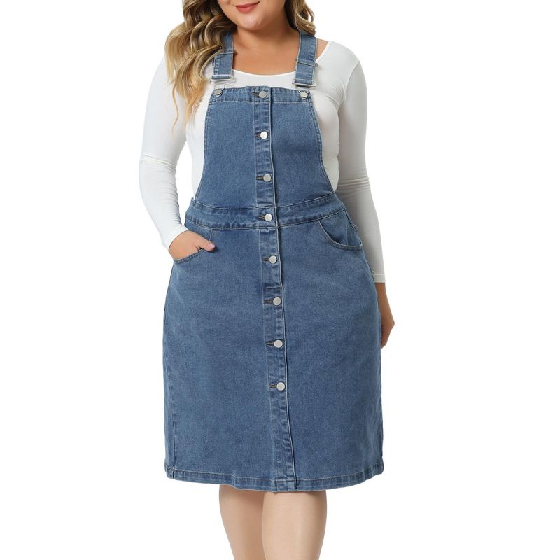 Agnes Orinda Women's Plus Size Jeans Button Front Adjustable Strap  Denim Overall Dress, 1 of 6