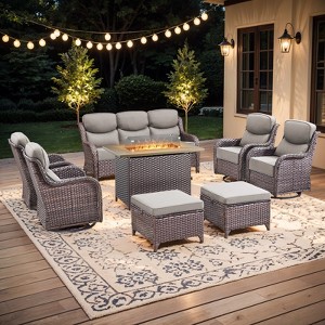 Buenhomino 8 Pieces Patio Furniture Sets with Fire Pit Table, Wicker Outdoor Conversation Sets with 4 Swivel Rocker Chairs, 3-seat Sofa and Ottomans - 1 of 4