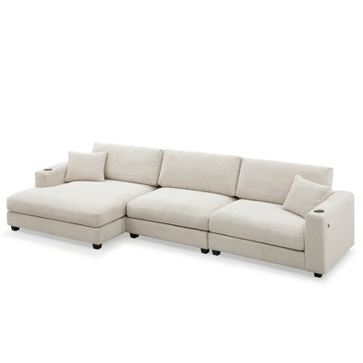 134" 4-Seat Oversized Corduroy Sectional Sofa with USB Charging Port and Cup Holder, Deep Seat Sofa Bed, Beige