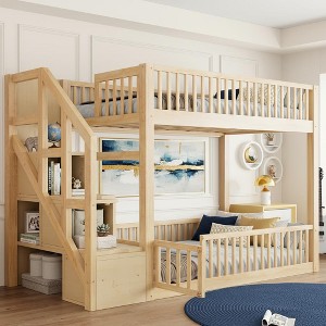 Polibi Twin Over Twin Low Bunk Bed with Fence-Style Rails and Built-In Storage Staircase - 1 of 4