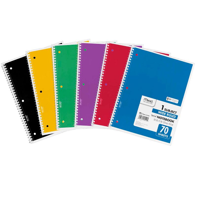 Mead Spiral 1 Subject Notebook, Wide Ruled, 70 Sheets Per Book, Pack of 6, 1 of 8