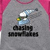 Girls' - Peanuts - Snoopy & Woodstock Chasing Snowflakes Christmas Shirt Tail Raglan Graphic T-shirt - 2 of 4