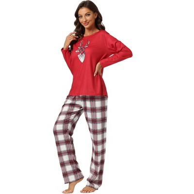 cheibear Christmas Elk Print Tops with Plaid Pants Xmas Sleepwear Family Pajama Set