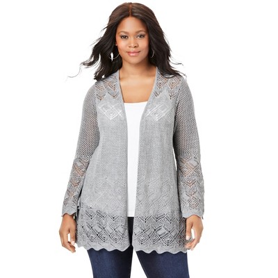 Roaman's Women's Plus Size Bell Sleeve Pointelle Cardigan