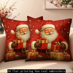 Lomsoe 2pcs Santa Claus & Gift Pattern Pillow Covers, 2D Flat Printing, Zipper Closure, Machine Washable Polyester, for Sofa & Bed, Holiday Home Decor - 1 of 4