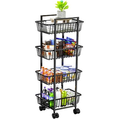 4 Tier Rolling Fruit Vegetable Basket Cart, Metal Wire Kitchen Storage Organizer