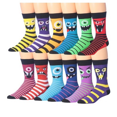 JAMES FIALLO Mens 12 Pairs Monster Characters Stripes Funny Colorful Patterned Dress Socks for Men