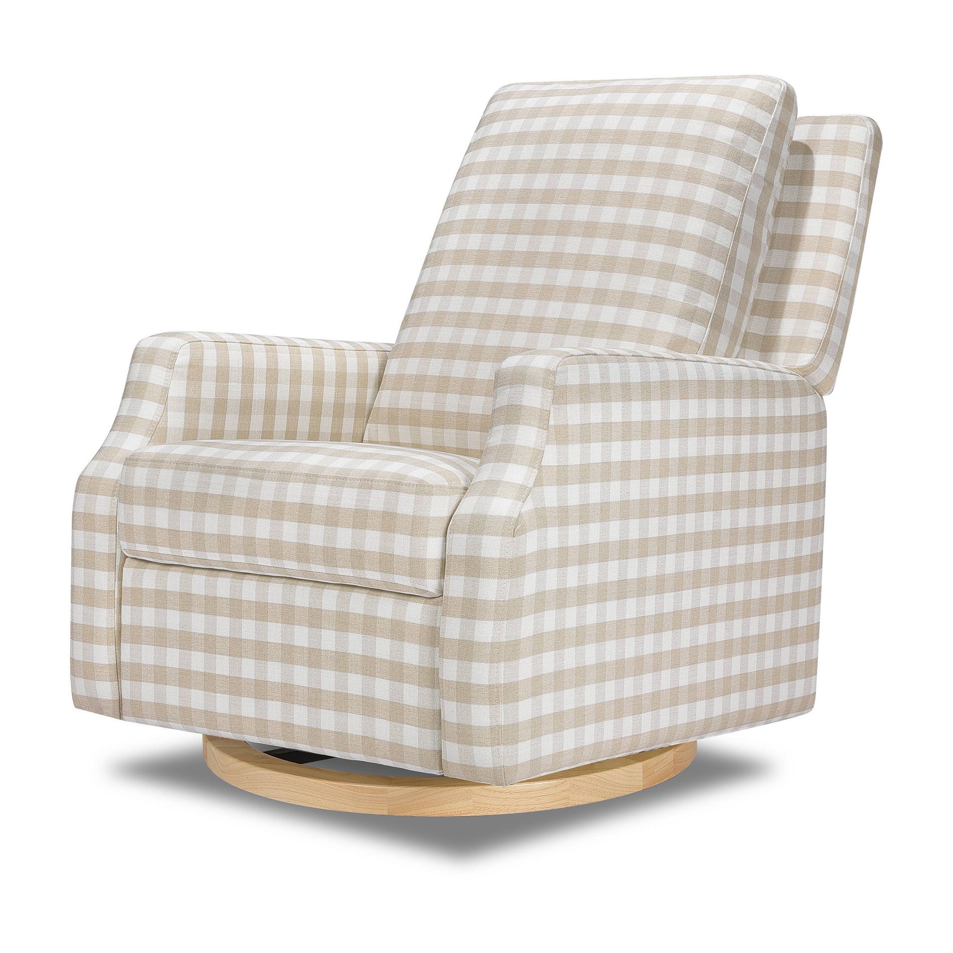 Namesake Crewe Recliner and Swivel Glider - Tan Gingham/Light Wood Base