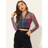INSPIRE CHIC Women's Sheer Stand Collar Zip Up Shiny Cropped Jacket - 2 of 4