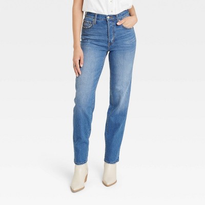 Laidback Style Medium Wash High-Rise Raw Hem Straight Leg Jeans