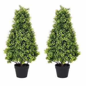 poetree Outdoor Artificial Boxwood Topiary Trees in Pot – Tower-Shaped Faux Shrubs, Set of 2, 2.5ft/3ft/4ft - 1 of 4
