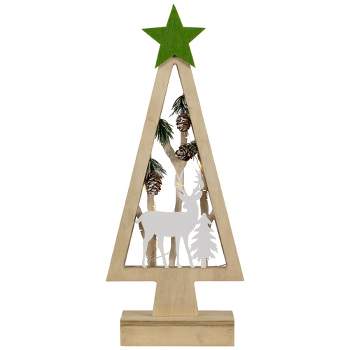 Northlight 15" Lighted Wooden Christmas Tree with Reindeer Woodland Scene