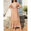 Women's Summer Bohemian Floral Maxi Dress with Short Sleeves, V-Neck, High Waist, and Ruffle Details - 2 of 4