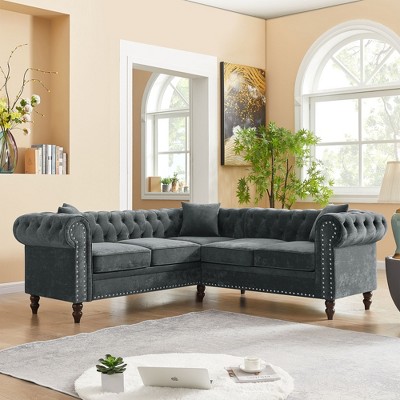 80" Classic Chesterfield Velvet Upholstered L-Shaped Sectional Sofa with Deep Button Tufting, Rolled Arms, 3 Pillows & Solid Wood Gourd Legs
