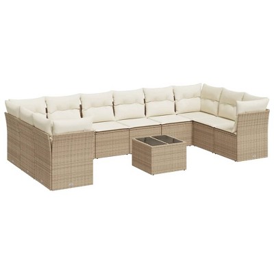 vidaXL 11 Piece Patio Sofa Set with Cushions Beige and Cream Poly Rattan - With Table
