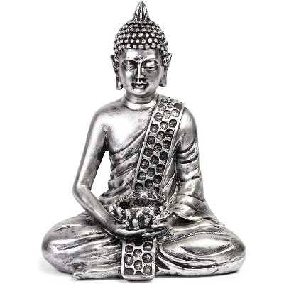 8.7" Small Buddha Statue Sitting Meditating Figurine Tealight Holder for Indoor Outdoor Home Garden Decor Gift, Stone White