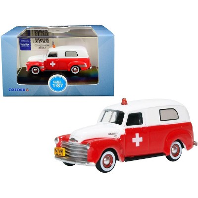 1950 Chevrolet Panel Van "Ambulance" Red and White 1/87 (HO) Scale Diecast Model Car by Oxford Diecast