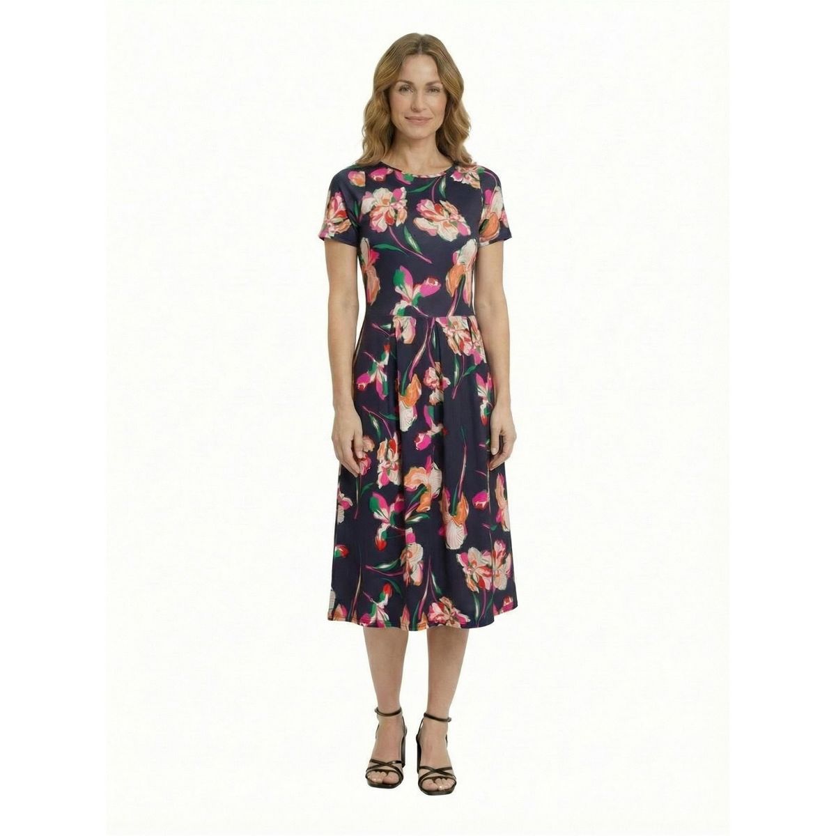 24seven Essential Petite Floral Print Short Sleeve Boat Neck Fit N Flare Pocket Midi Dress