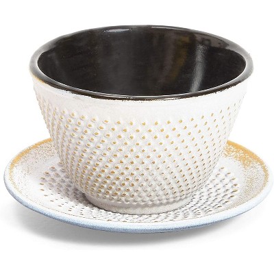 Juvale White Cast Iron Tea Cup and Saucer Set, Gold Accents (3.38 oz)