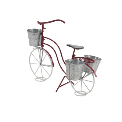 Red and Gray Metal Bicycle Plant Stand with Basket and Saddle Bag Planters